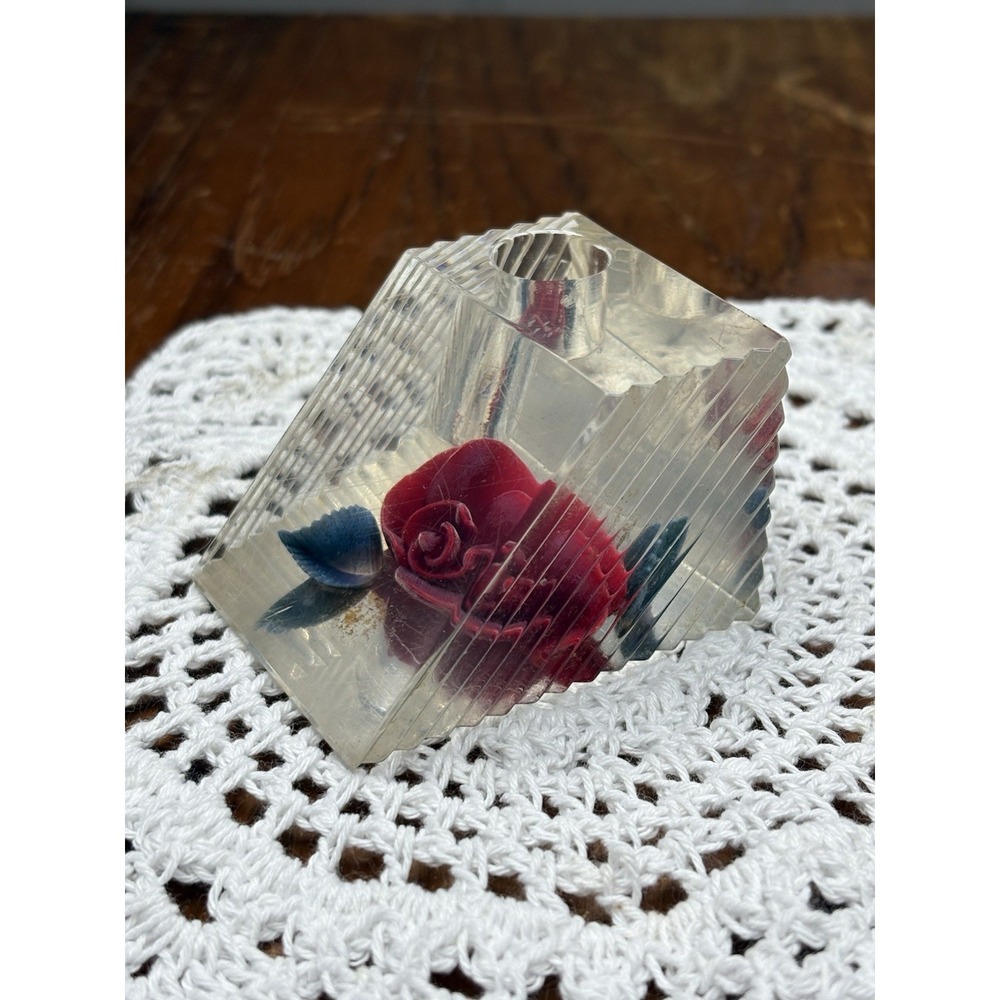 Vintage 1950s Bircraft Lucite Acrylic Rose Pen Holder  Ribbed Cottagecore MCM